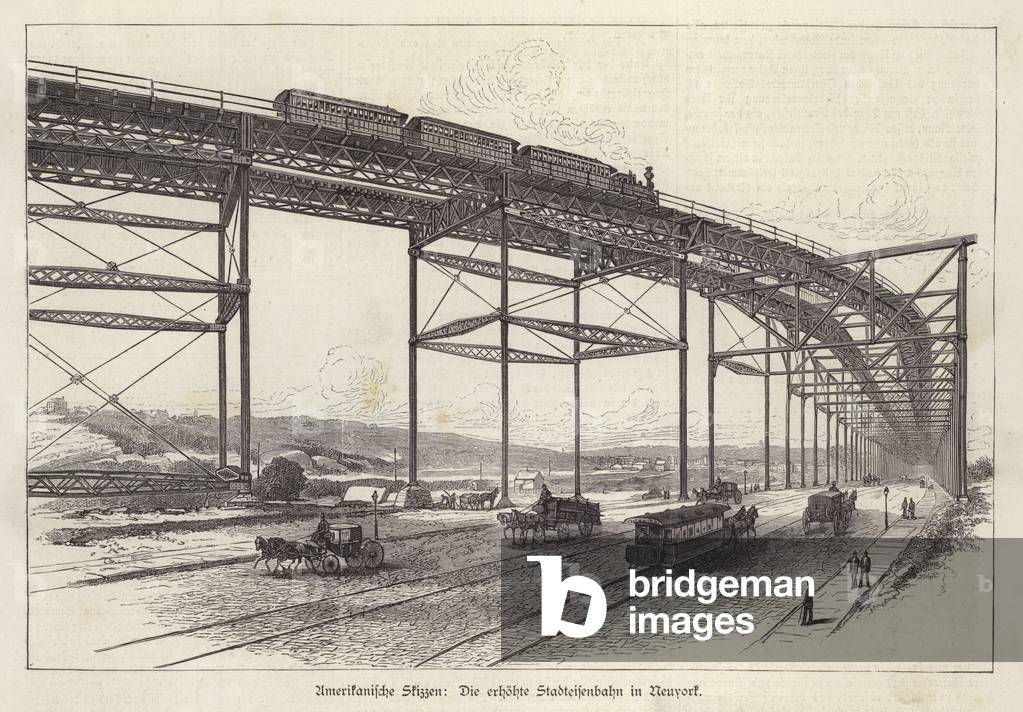 Elevated railway in New York City, New York, USA (engraving)