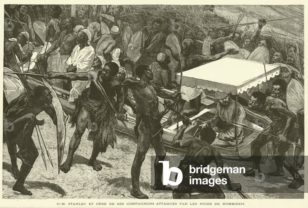 H-M Stanley Et Onze De Ses Compagnons Attaques Par Les Noirs De Bumbireh (engraving)