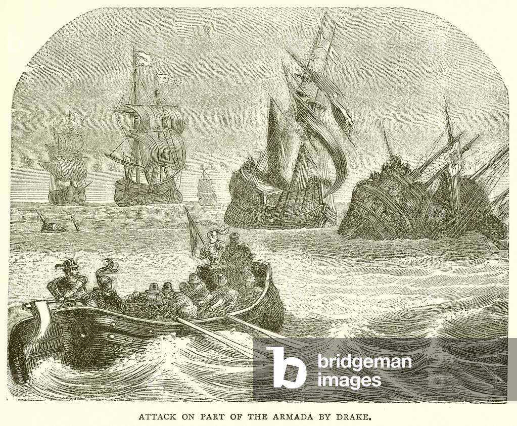 Attack on part of the Armada by Drake (engraving)