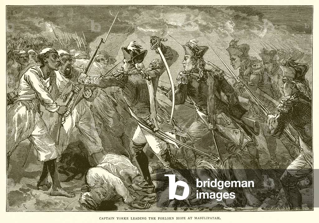 Captain Yorke leading the forlorn hope at Masulipatam (1759) (engraving)