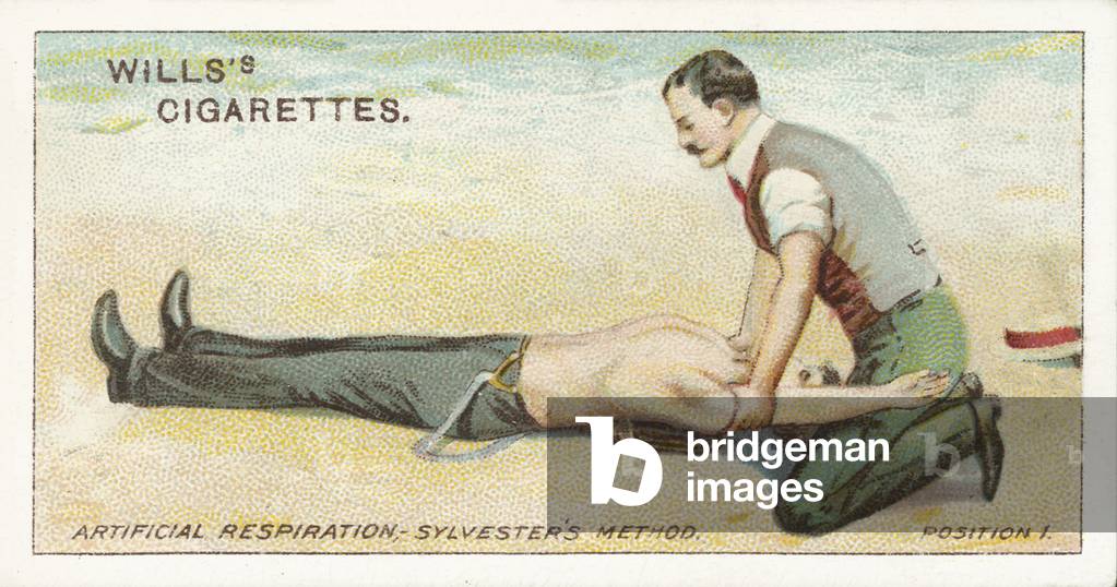 First Aid, Artificial respiration, Sylvester's method, Position 1 (chromolitho)