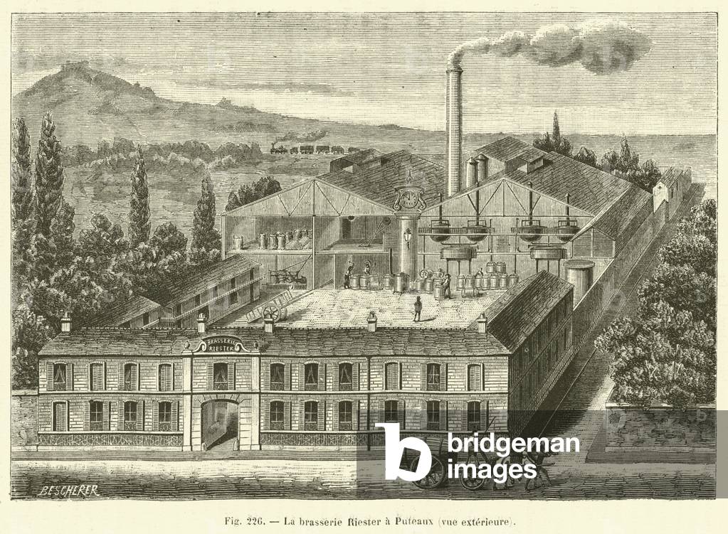 La brasserie Riester a Puteaux, vue exterieure (engraving)