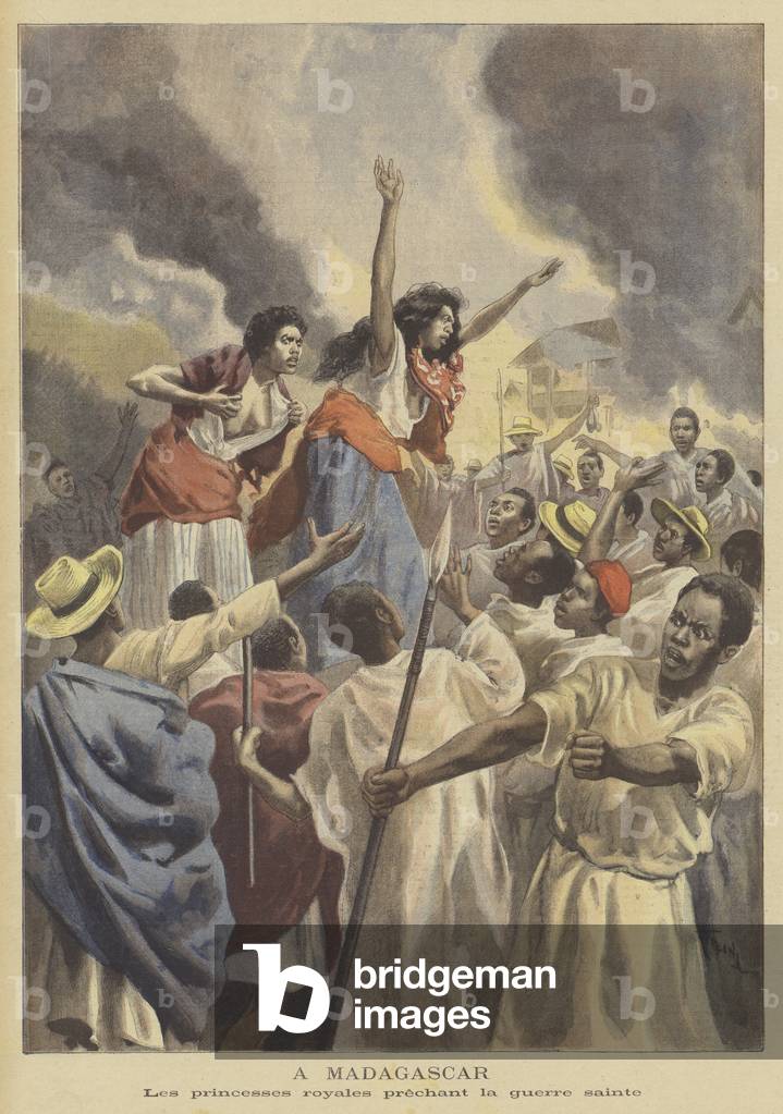The royal princesses preaching holy war in Madagascar (colour litho)