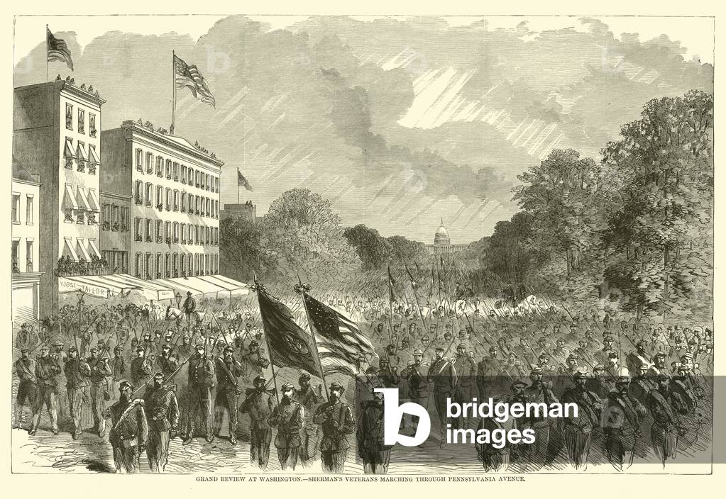 Grand review at Washington, Sherman's veterans marching through Pennsylvania Avenue, May 1865 (engraving)