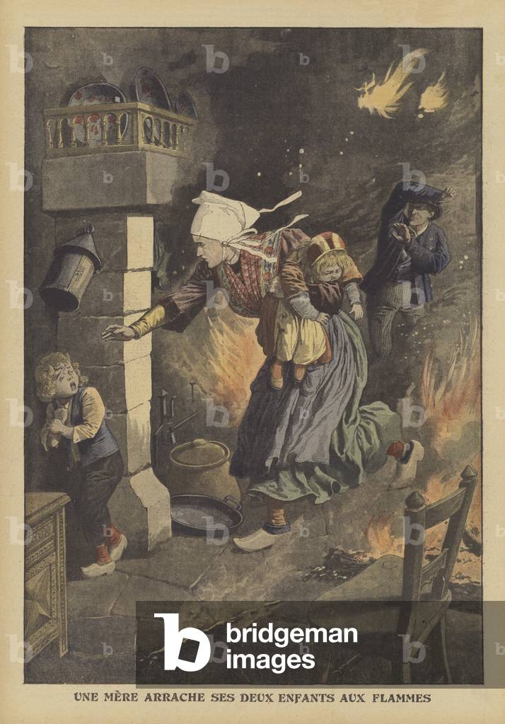 A mother saving her children from a fire (colour litho)