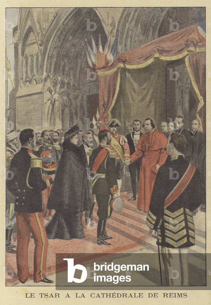 Tsar Nicholas II of Russia at Reims Cathedral during his visit to France (colour litho)