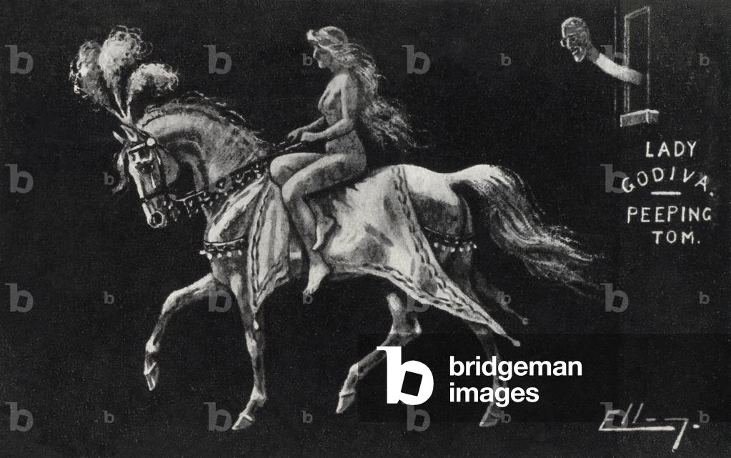 Lady Godiva riding naked on horseback through the streets of Coventry, watched by a Peeping Tom (litho)