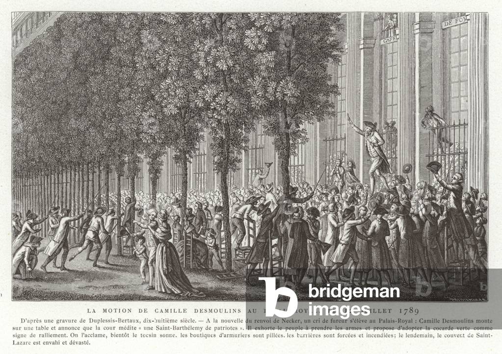 Camille Desmoulins issues his call to arms outside the Palais Royal, Paris, French Revolution, 12 July 1789 (engraving)