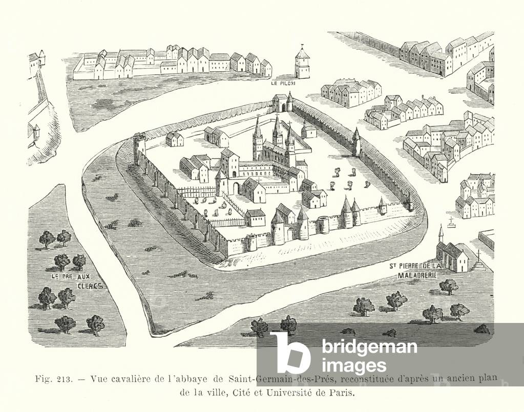 Vue cavaliere de l'abbaye de Saint-Germain-des-Pres, reconstituee d'apres un ancien plan de la ville, Cite et Universite de Paris (engraving)