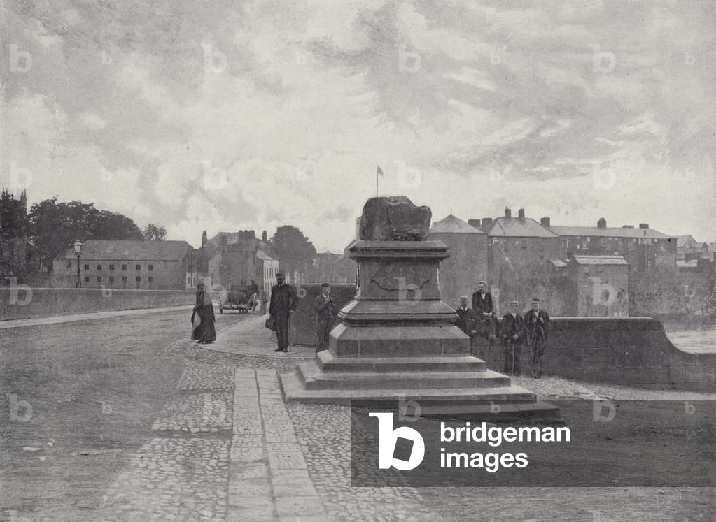 Limerick, The Treaty Stone, Thomond Bridge, and Castle (b/w photo)