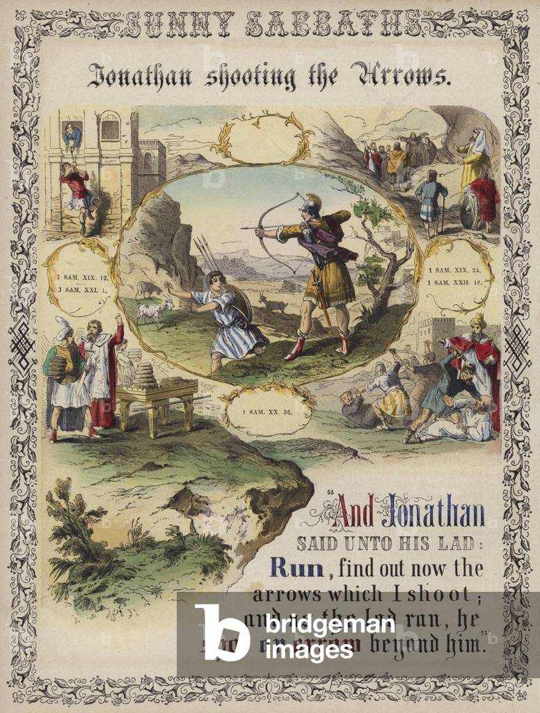 Jonathan shooting the arrows (coloured engraving)