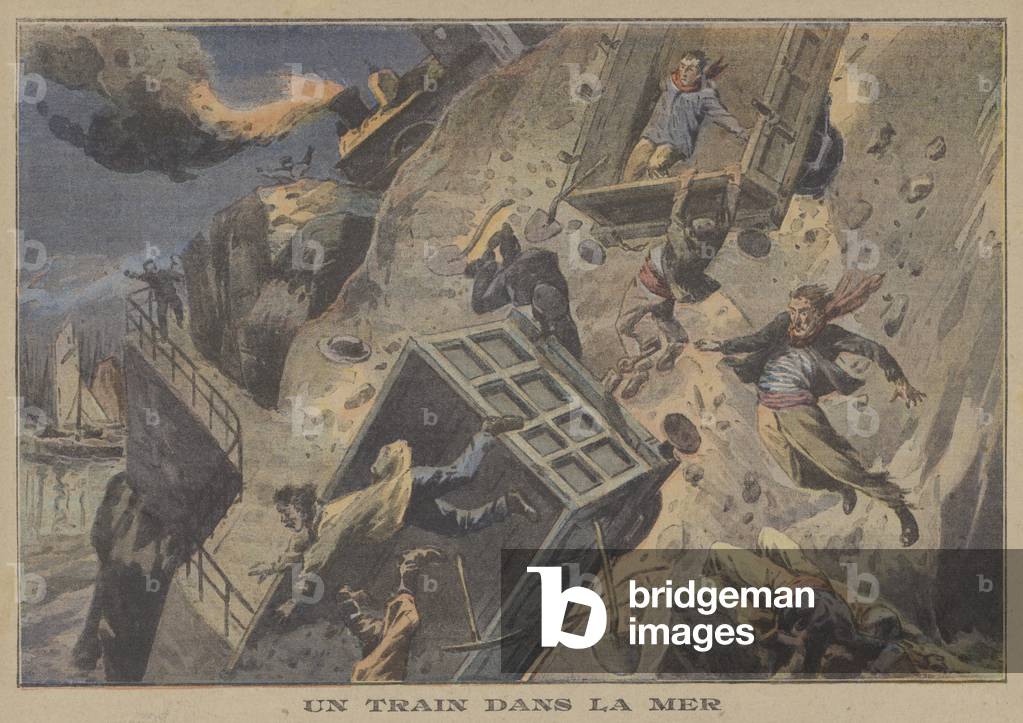 A train falling into the sea (colour litho)