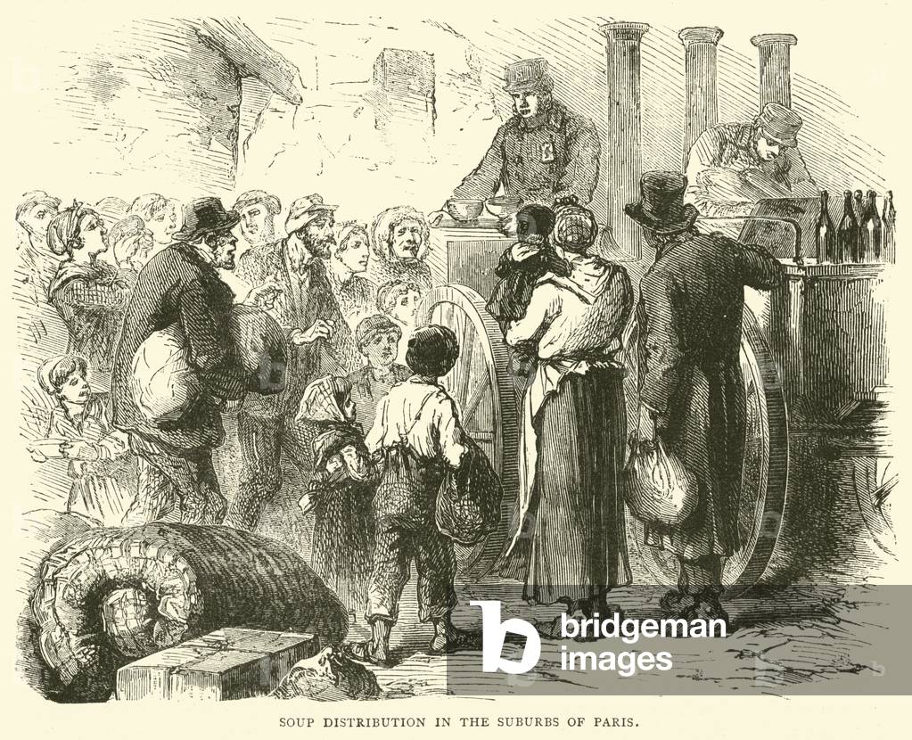 Soup distribution in the suburbs of Paris, December 1870 (engraving)