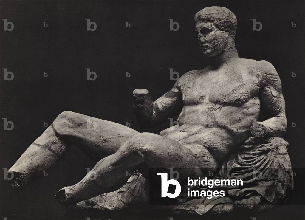 Parthenon sculptures: Theseus or Dionysos, British Museum (b/w photo)