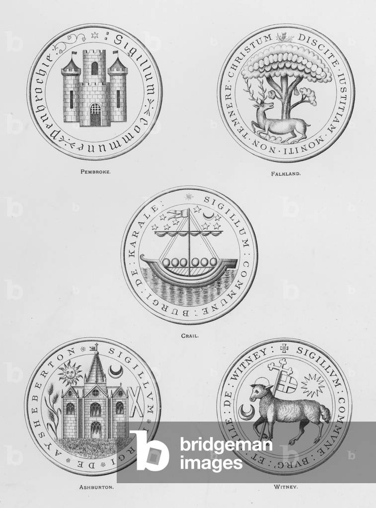 Public arms: Pembroke; Falkland; Crail; Ashburton; Witney (engraving)