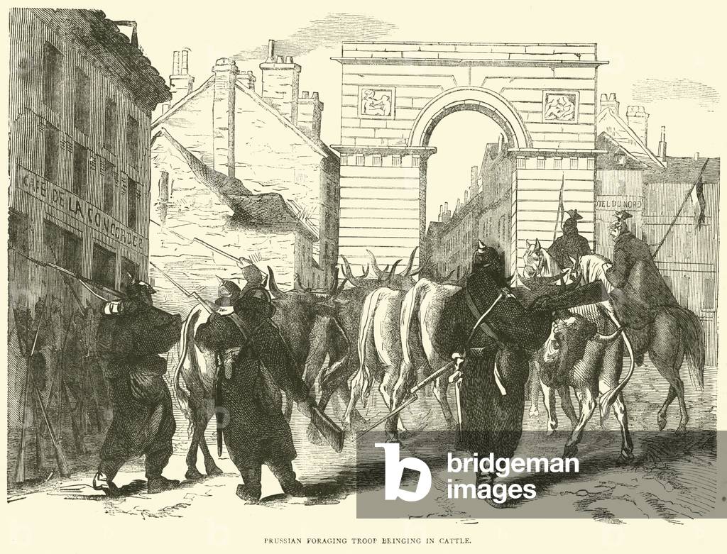 Prussian foraging troop bringing in cattle, October 1870 (engraving)