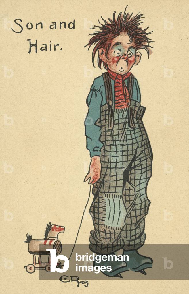 Scruffy boy pulling a toy wooden horse (colour litho)