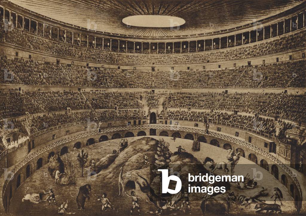 Roma / Rome: Interno del Colosseo, La Caccia alle Fiere, ricostruzione storica (litho)