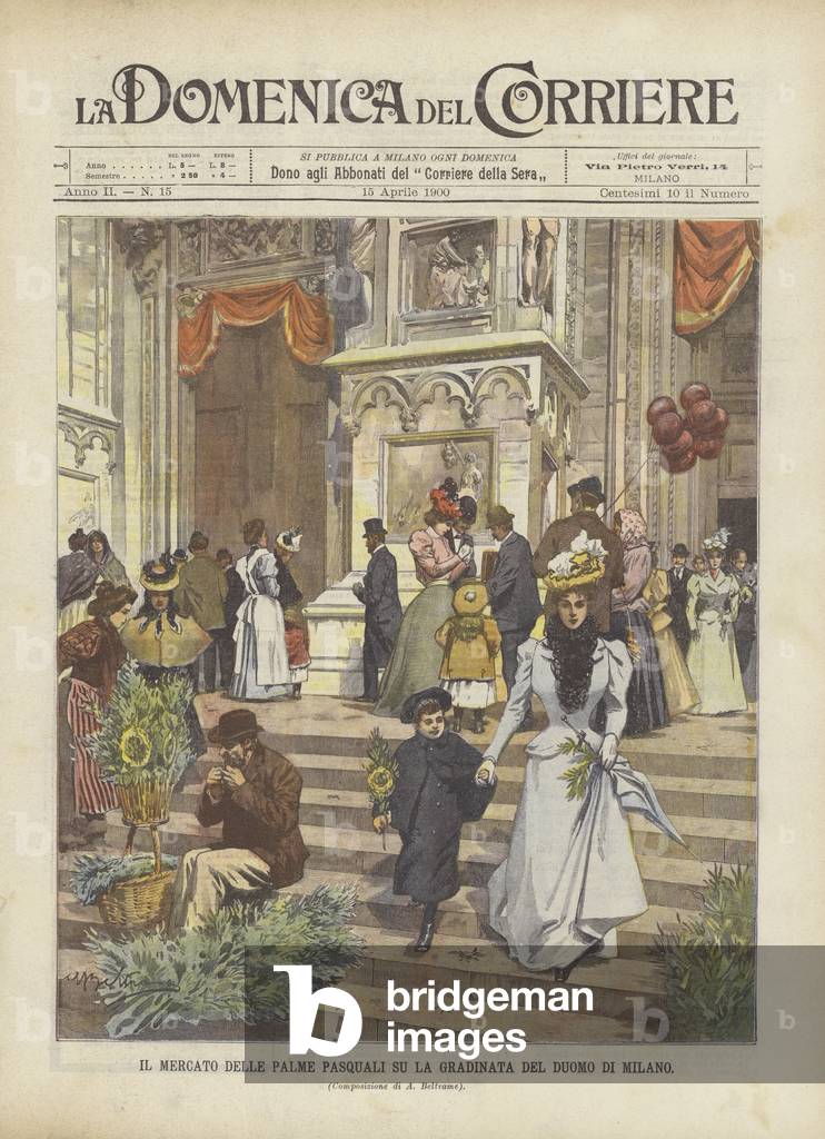 The Easter Palm Market On The Stairs Of The Duomo Of Milan (colour litho)