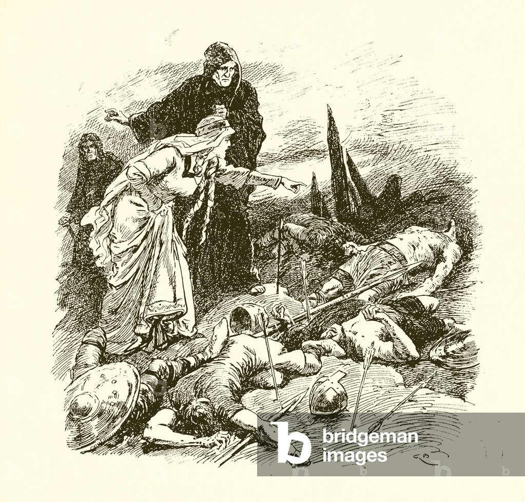 Queen Edith finding the body of Harold after the Battle of Hastings (engraving)