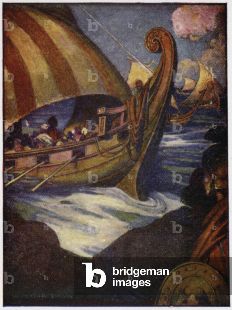 Many were the heroes who sailed away from Greece (colour litho)