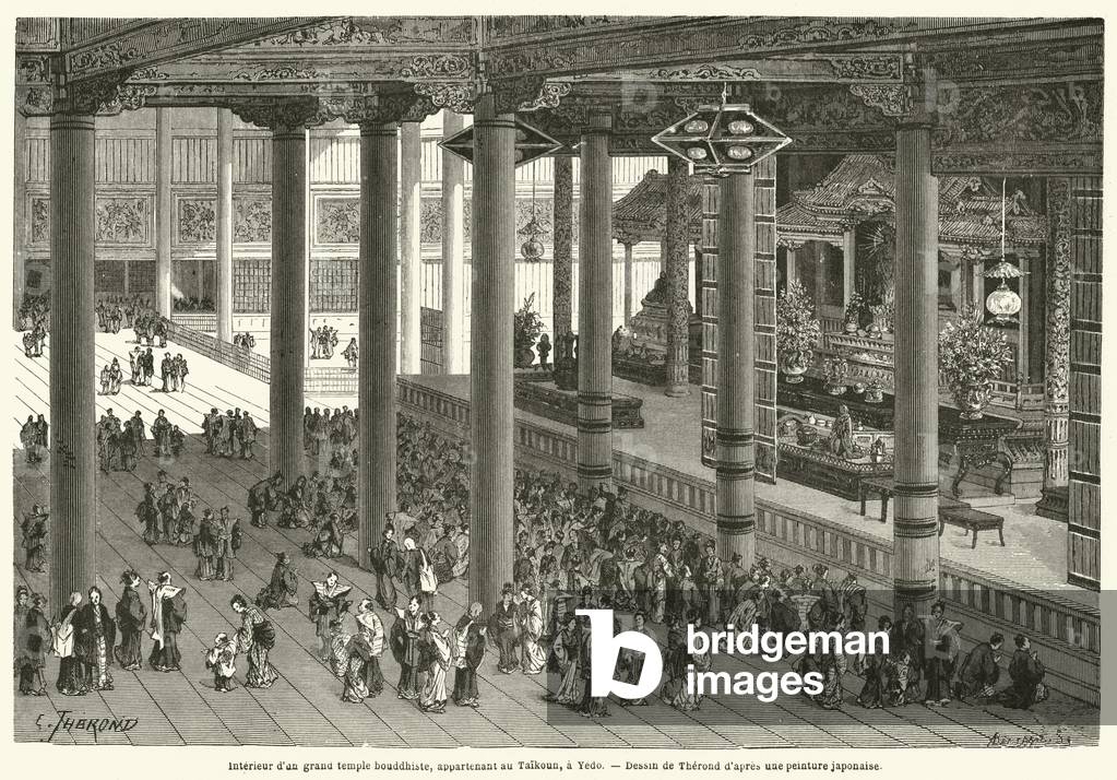 Interieur d'un grand temple bouddhiste, appartenant au Taikoun, a Yedo (engraving)