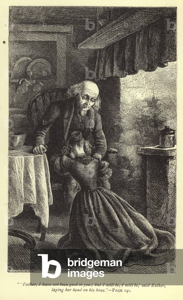 'Father, I have not been good to you; but I will be, I will be', said Esther, laying her head on his knee (engraving)