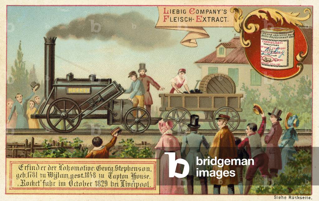 George Stephenson's steam locomotive Rocket, Liverpool, 1829 (chromolitho)