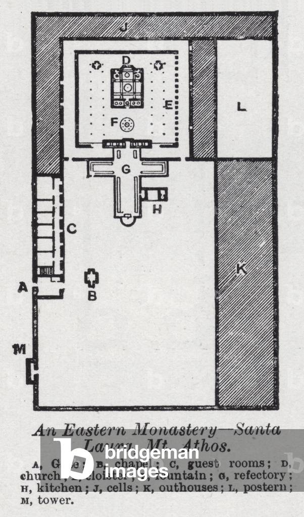 An Eastern monastery, Santa Laura, Mt Athos (litho)