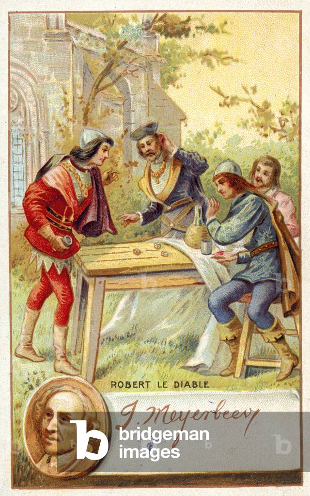 Giacomo Meyerbeer and a scene from his opera Robert le Diable (chromolitho)