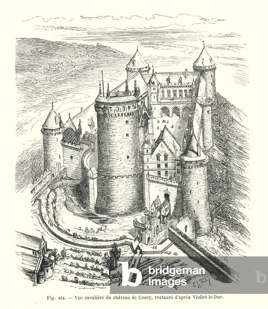 Vue cavaliere du chateau de Coucy, restaure d'apres Viollet-le-Duc (engraving)