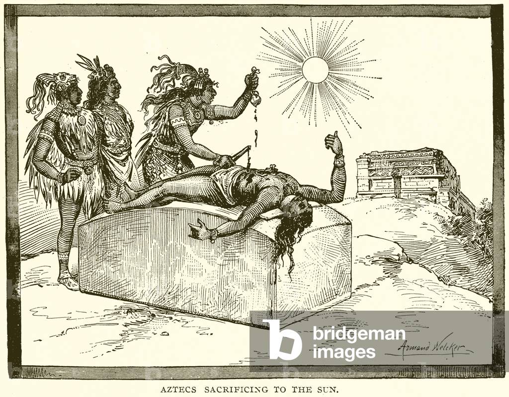 Aztecs sacrificing to the Sun (engraving)