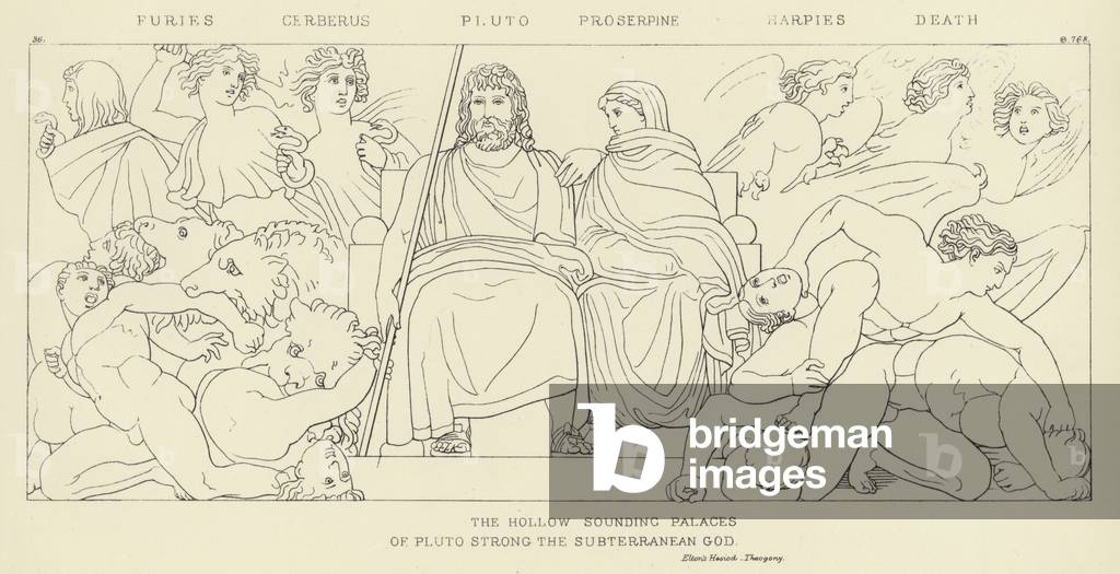 Furies, Cerberus, Pluto, Proserpine, Harpies, Death (engraving)