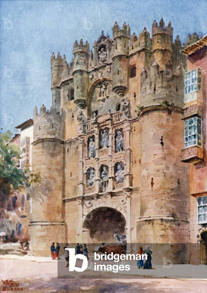 Burgos, the Arch of Santa Maria (colour litho)