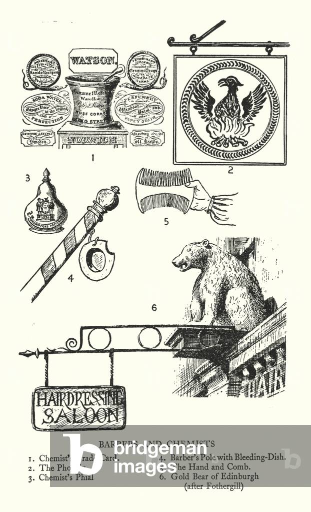 Trade signs: Barbers and Chemists (litho)