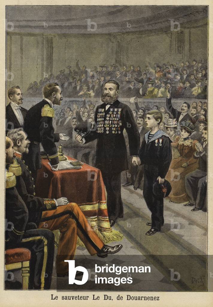 Ceremony honouring Mr Le Du, a rescuer from Douarnenez, Brittany, 1897 (colour litho)
