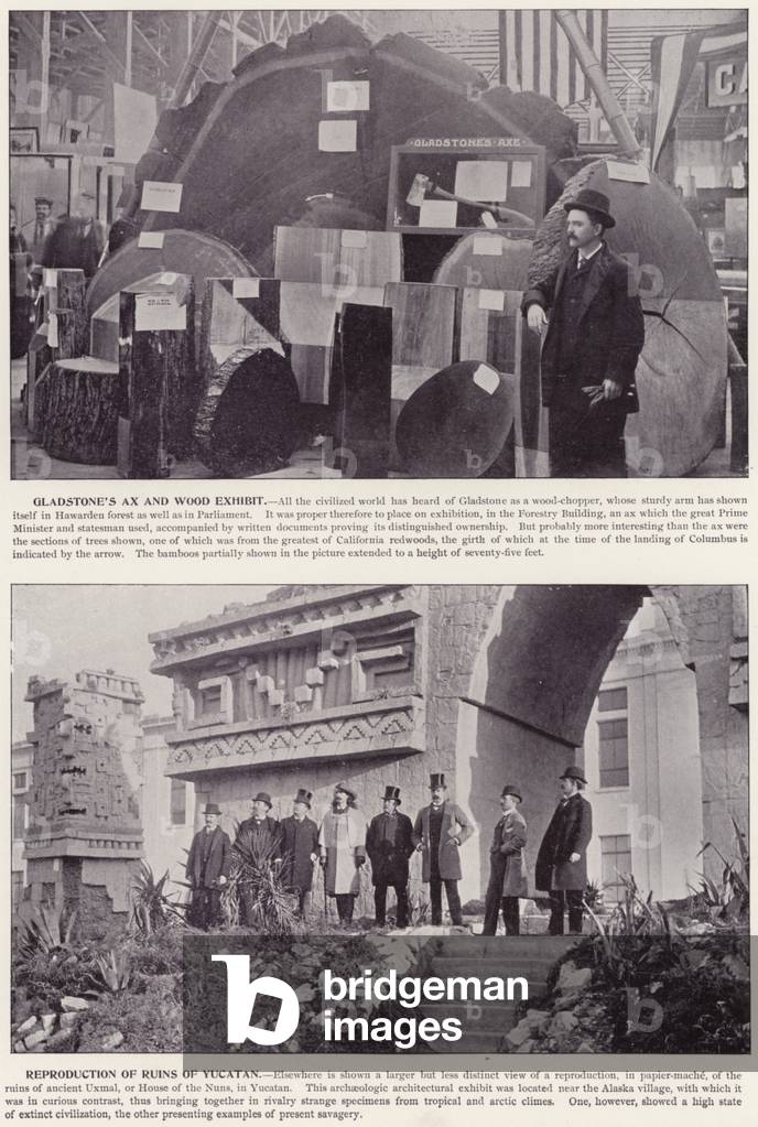 Chicago World's Fair, 1893: Gladstone's Ax and Wood Exhibit; Reproduction of Ruins of Yucatan (b/w photo)