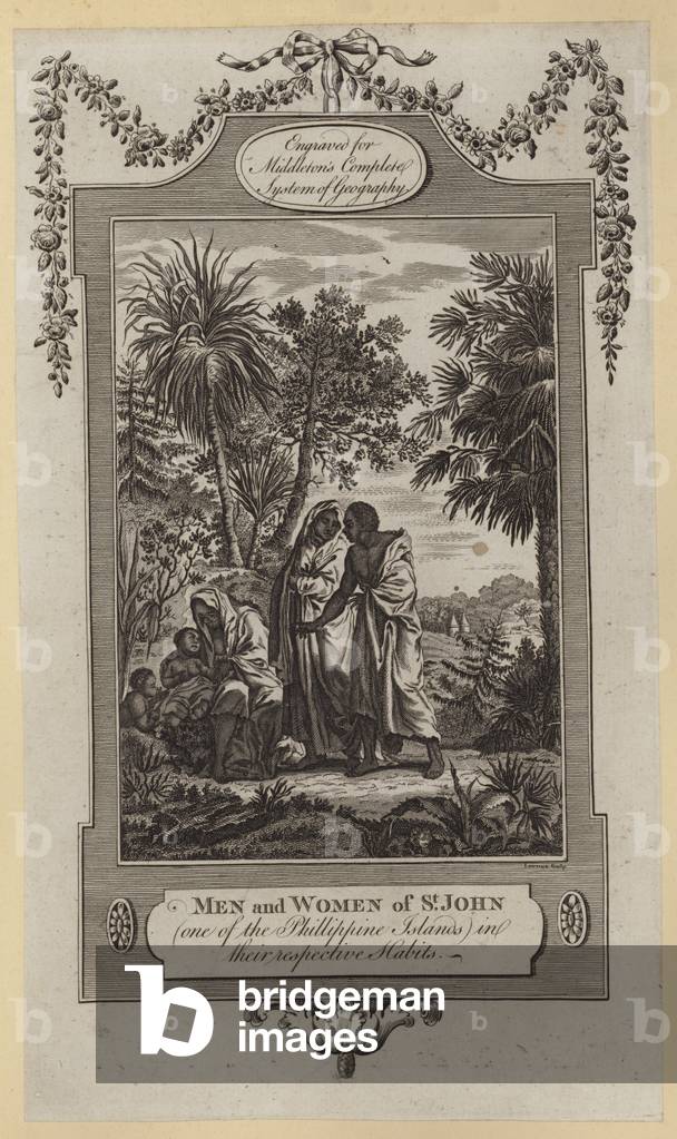 Men and Women of St John (one of the Phillippine Islands) in their respective Habits (engraving)