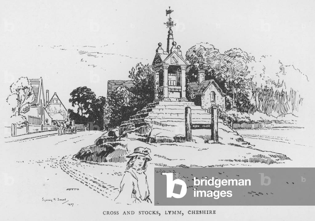 Cross and Stocks, Lymm, Cheshire (litho)