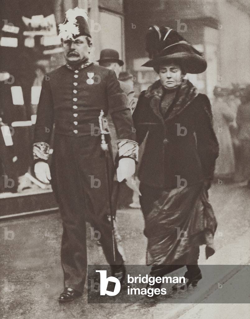 British Chancellor of the Exchequer David Lloyd George and his wife Margaret on their way to a court levee, 1910 (b/w photo)