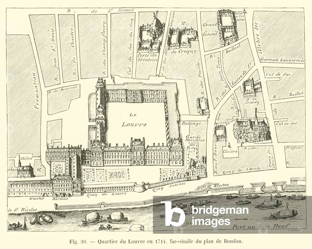 Quartier du Louvre en 1714, fac-simile du plan de Boudan (engraving)