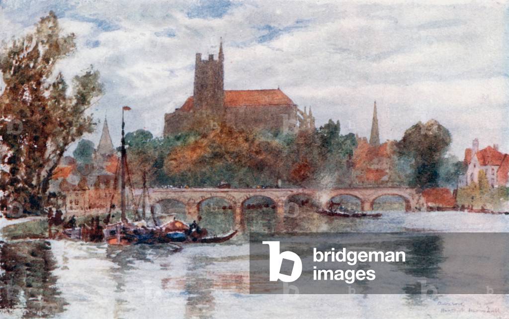 The Bridge and Cathedral, Auxerre (colour litho)