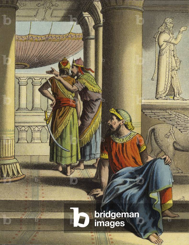 The Story of Queen Esther: Mordecai discovers the treachery of Bigthan and Teresh (colour litho)