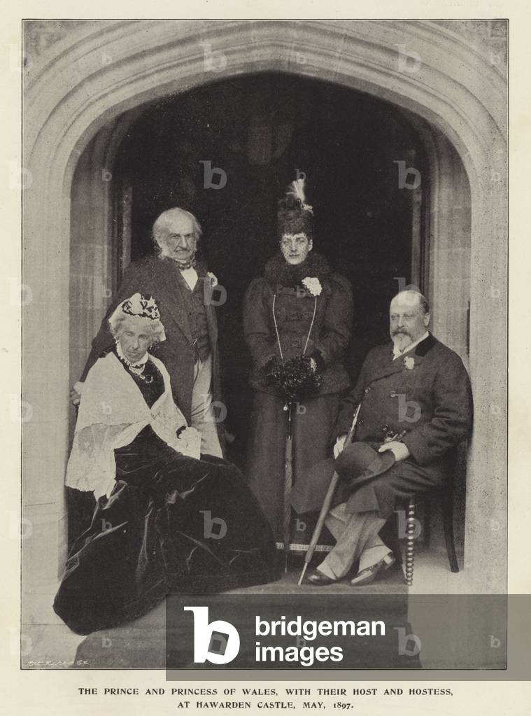 The Prince and Princess of Wales, with their host and hostess, at Hawarden Castle, May 1897 (b/w photo)
