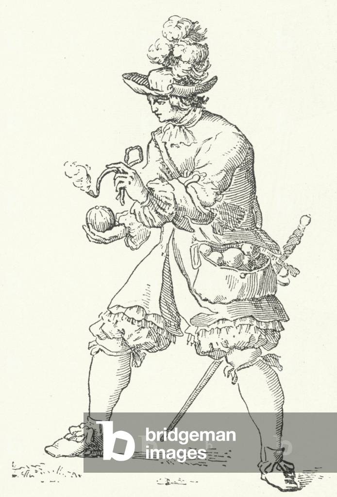 Grenadier with a hand grenade, 17th Century (engraving)