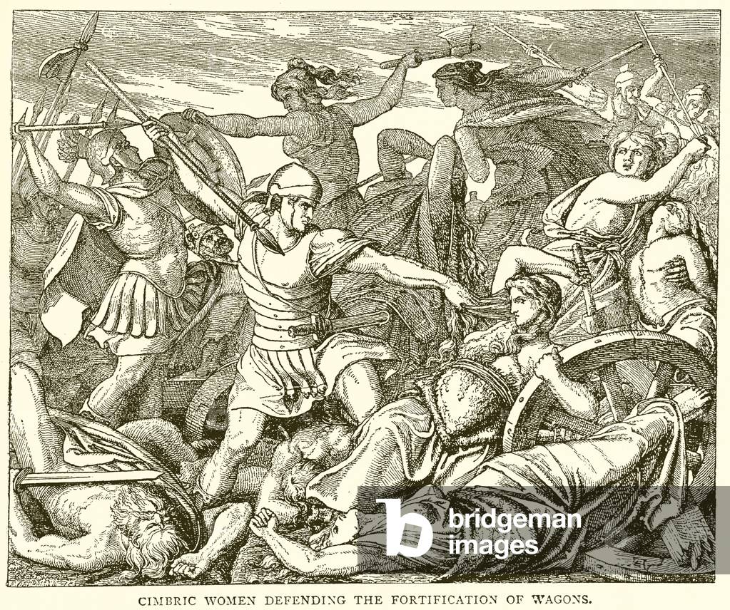 Cimbric Women defending the Fortification of Wagons (engraving)