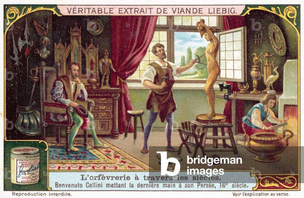Benvenuto Cellini putting the finishing touches to his statue of Perseus with the head of Medusa, 16th Century (chromolitho)