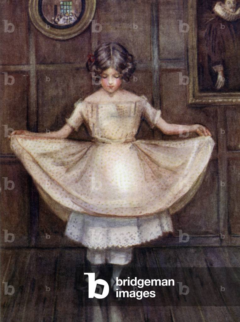 Girl practising her curtsey (colour litho)