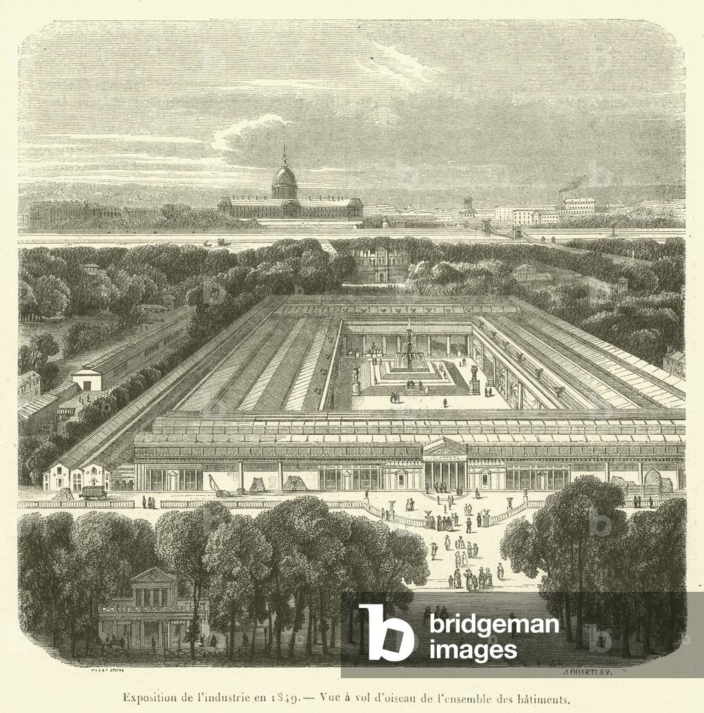Exposition de l'industrie en 1849, Vue a vol d'oiseau de l'ensemble des batiments (engraving)