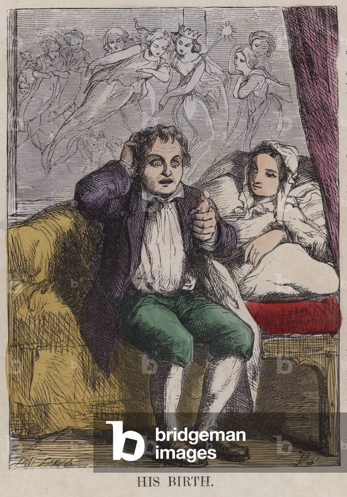 The birth of Tom Thumb (coloured engraving)